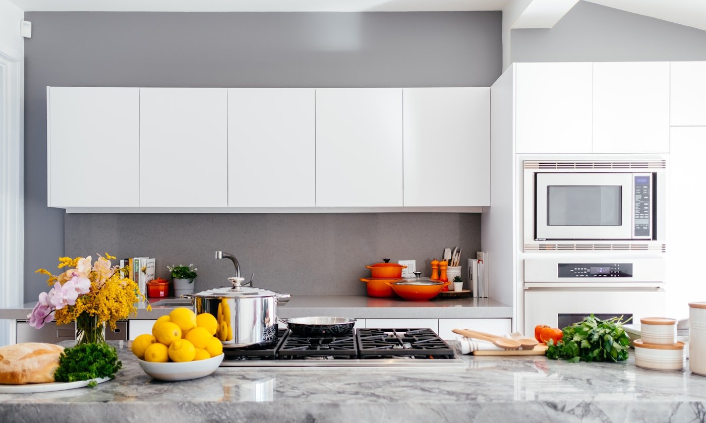 Kitchen with bright stone countertops